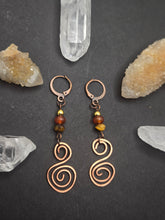 Load image into Gallery viewer, Tigers Eye, Carnelian &amp; Golden Hematite Unalome Earrings