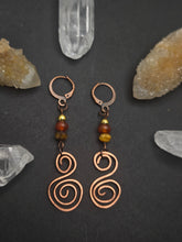 Load image into Gallery viewer, Tigers Eye, Carnelian &amp; Golden Hematite Unalome Earrings