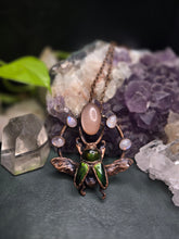 Load image into Gallery viewer, REAL Sawtooth Beetle w Peach Moonstone &amp; Rainbow Moonstone