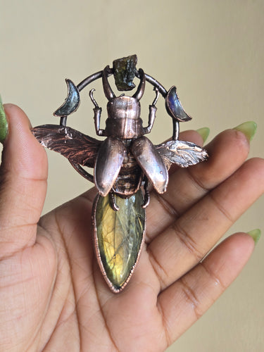 Real Stag Beetle w Moldavite & Labradorite
