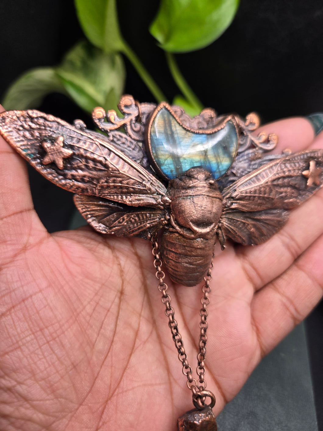 REAL Cicada Embellished with Labradorite Moon & Quartz