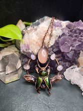 Load image into Gallery viewer, REAL Sawtooth Beetle w Peach Moonstone &amp; Rainbow Moonstone
