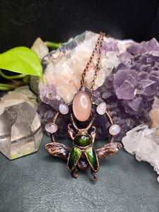 REAL Sawtooth Beetle w Peach Moonstone & Rainbow Moonstone