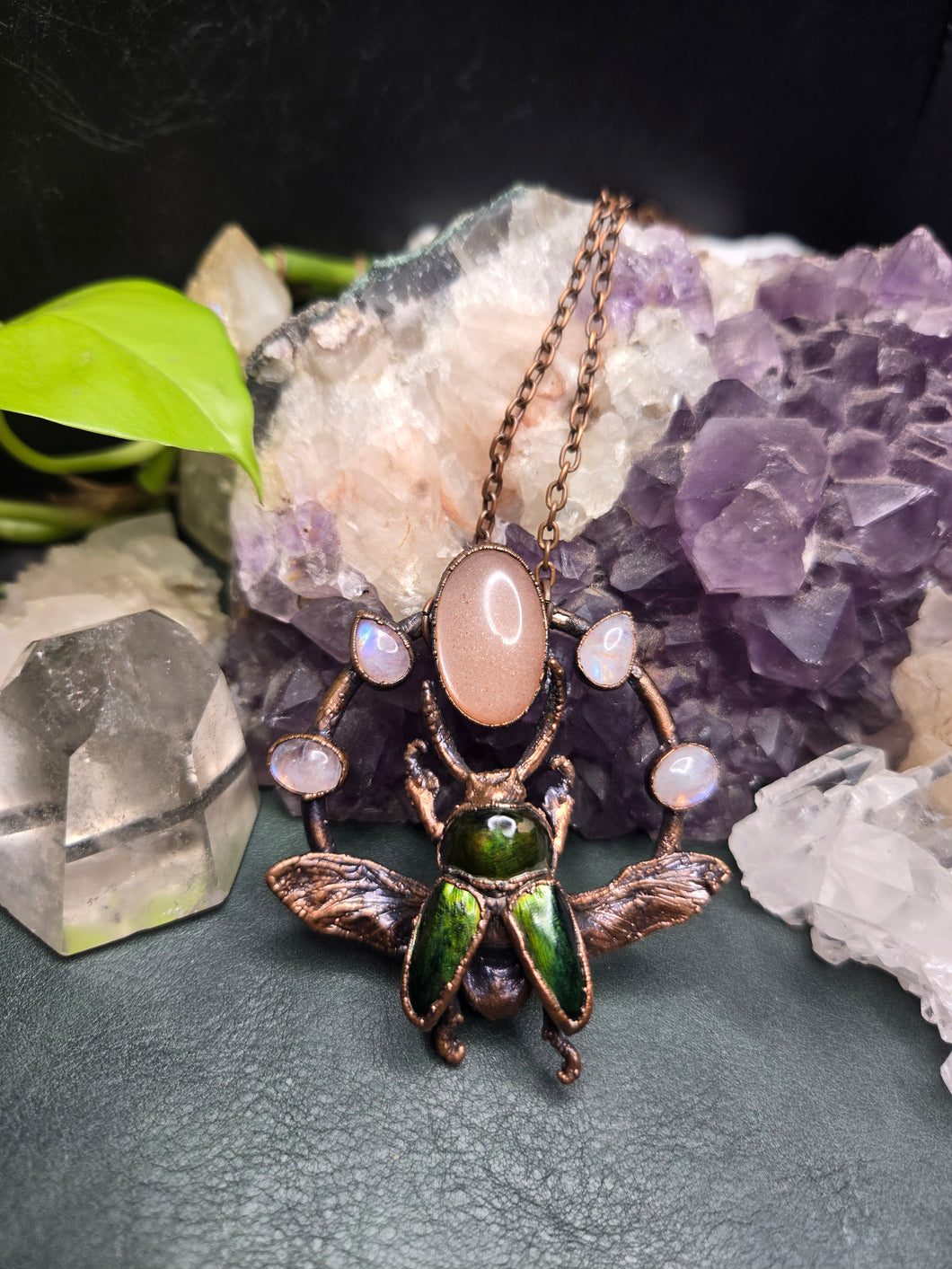 REAL Sawtooth Beetle w Peach Moonstone & Rainbow Moonstone