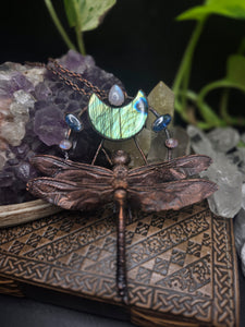 REAL Dragonfly w Labradorite, Moonstone & Blue Kyanite
