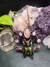 Load image into Gallery viewer, REAL Sawtooth Beetle w Peach Moonstone &amp; Rainbow Moonstone