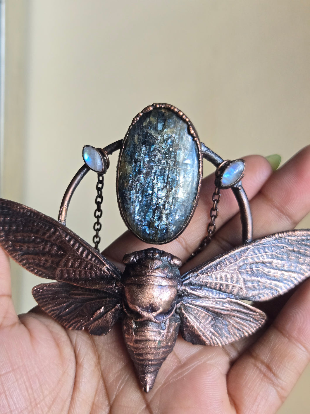Moss Indigo Kyanite & Moonstone Cicada