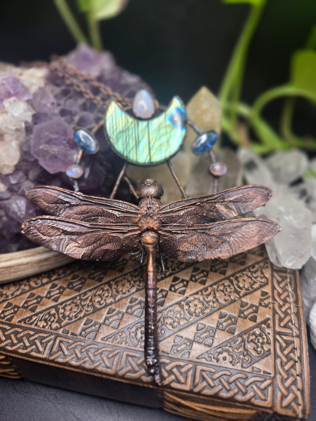 REAL Dragonfly w Labradorite, Moonstone & Blue Kyanite
